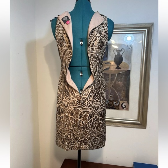 Vince Camuto Bronze Sequin Lined Stretch Sleeveless Sheath Dress Size 2 - Picture 7 of 9